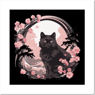 Black cat kanagawa wave Posters and Art